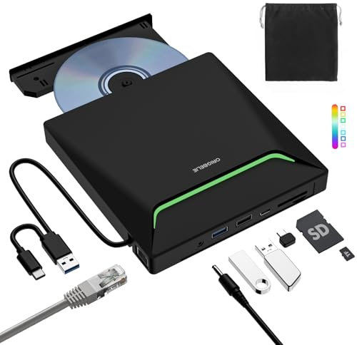 ORIGBELIE Le Plus Récent Lecteur DVD Externe, USB 3.0 Graveur CD avec Adaptateur Ethernet RJ45, 3 Ports USB et 2 Ports pour Carte TF/SD, Lecteur CD Externe pour PC Laptop MacBook Windows Linux Mac OS