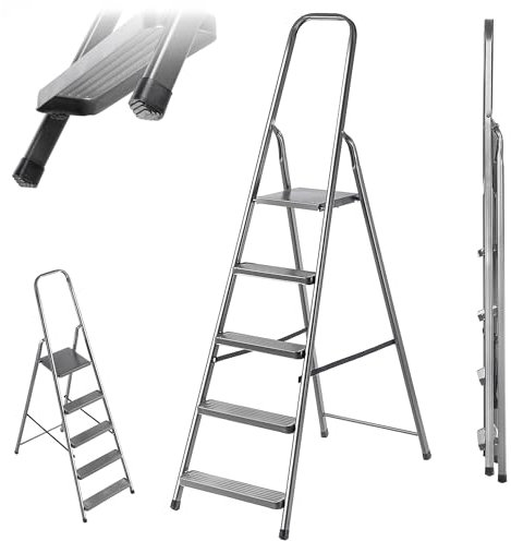 KADAX Escalera plegable de acero de 5 peldaños con patas antideslizantes y estante, escalera de un lado para el hogar y el jardín