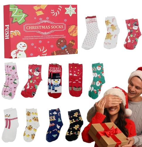 Socken Adventskalender 2024, 24 Tage Adventskalender Mit 12 Paar Weihnachtssocken, Adventskalender Socken Mit Weihnachtsmuster (Atmungsaktiv, Weich Und Elastisch), Für Männer Und Frauen