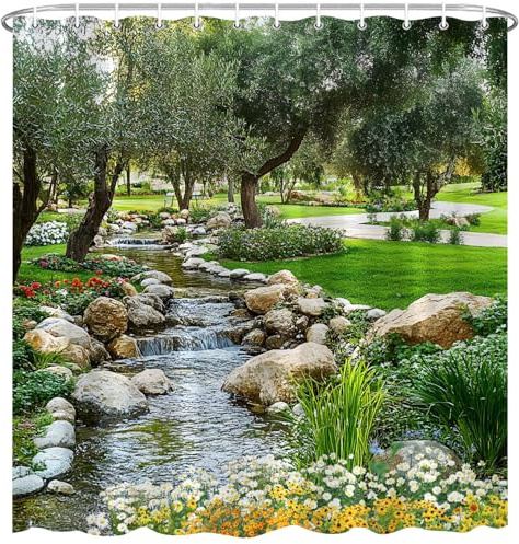 BCNEW Garden Landscape Shower Curtain Spring Summer Nature Flower Plants Recreational View Pond Grass Stones Greenery Forest Polyester Fabric Bathroom Decor 86×70 Inch with Hook