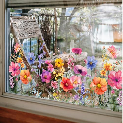 Blumenfrühlings-Sommer-Fensteraufkleber, Bunter Blumenstrauß für Glas, Doppelseitige Frühlingsdekorationen, Blumen für die Fensterdekoration zu Hause