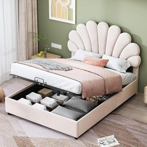 Wyibwy Letto imbottito 140 x 200 cm,letto contenitore idraulico, letto matrimoniale con tessuto di velluto,Letto con testata fiorita e struttura a doghe, con Testata regolabile, per ragazzi,Beige