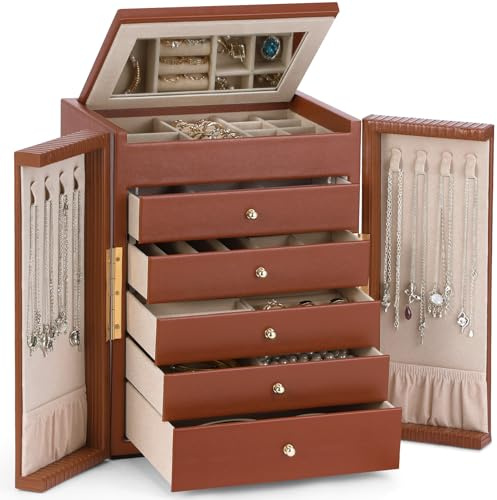 Dajasan Jewellery Box, 6-Layer Large Capacity Jewellery Storage Organiser with 5 Drawers, Jewellery Case with Mirror for Women Girls, Double-Door, Ribbed PU Leather, Gift Idea, Modern (Brown)