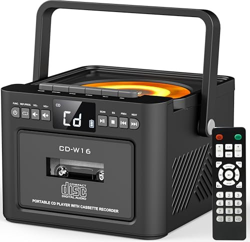 Greadio CD Player Tragbar, Boombox Kassettenspieler mit UKW Radio, Bluetooth 5.1, Fernbedienung, 5000mAh wiederaufladbare Akku, 5W Lautsprecher, AUX/USB/SD Karte-In