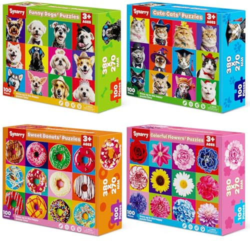 SYNARRY 100 Piece Puzzles for Kids Ages 4-6 6-8, Wooden 100 Piece Puzzle, 4 5 6 7 8 Year Old Puzzles for Kids Ages 4-8, Cat Dog Flower Donut Jigsaw Puzzle Easter Gifts for 3+ Years Old Boys Girls