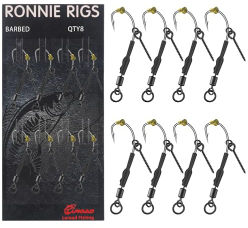 Luroad Lot de 8 Ronnie Rigs avec Vis – Hameçons Courbés avec Ardillon, Revêtus de Téflon pour la Pêche à la Carpe avec des Montages Hair Rigs(Taille 8)