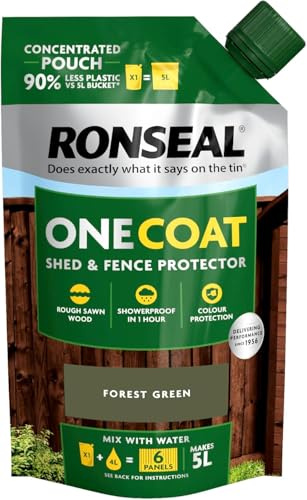 ASA® Ronseal One Coat Shed and Fence Protection Mix with Water Makes 5 litres of Paint for Effortless Coverage & Long Lasting Protection Forest Green Pouch 950ml