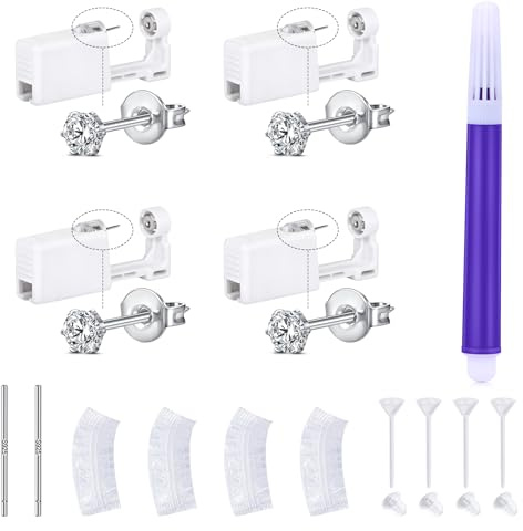 LAURITAMI öronpiercingkit, 4 st öronpiercingpistol med verktyg för kvinnor män, hemma självhelix brosk öronpiercingkit med 3/4/5 mm CZ stift