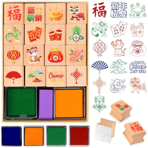 DPKOW Tampons Nouvel an Chinois Enfants Artisanat, 16 Tampons en Bois pour DIY Cartes Scrapbooking Nouvel an Chinois Cadeaux Activité Manuelle Gadget Chinese New Year Artisanat