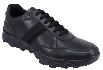 Pegasus Men's Leather Wide Fit Trainer Style Walking Shoe Supportive Trainer Style Comfort with Grip Sole Black 9