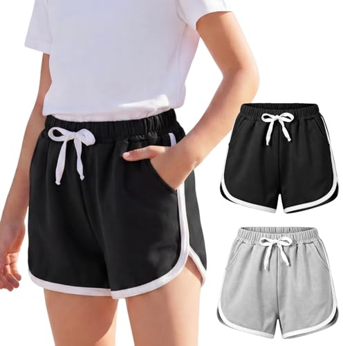 Baogaier Girl Athletic Shorts with Pockets 2 Pack Cotton Shorts 10-12 Years