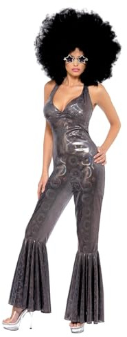 Smiffys Disfraz de diva disco, enterizo acampanado, plateado Halloween, Carnaval