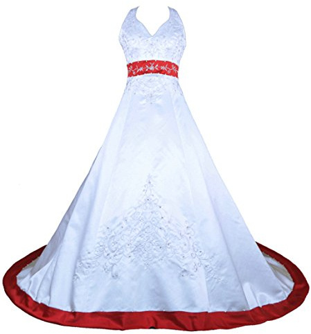 Vantexi - Vestito da sposa con ricamo in raso, da donna bianco e rosso 48