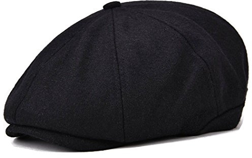 VOBOOM Men Wool Blend 8 Panel Newsboy Cap Herringbone Cabbie Flat Tweed Hat (Black)
