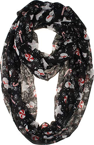 VIVIAN & VINCENT Holiday Gift Wrapped Fall Winter Soft Lightweight Sheer Infinity Christmas Scarf for Women Black Snowman and Candy Cane