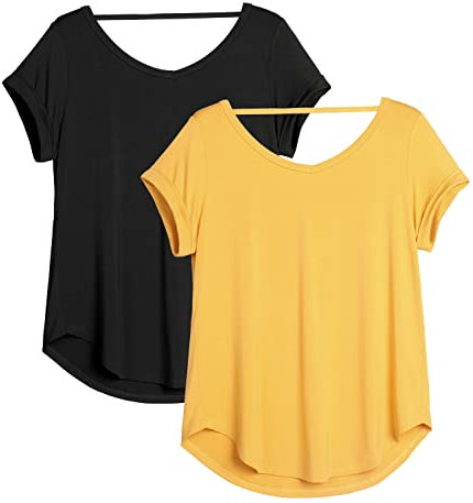 icyzone Damen Rückenfrei Yoga T-Shirt Kurzarm Sport Freizeit Tops Lose V-Ausschnitt Shirt, 2er Pack (M, Schwarz/Gelb)