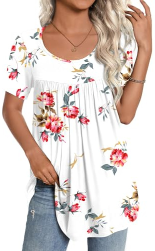 CATHY Women's 2026 Summer Short Sleeve Tunic Tops Loose Fit Comfy Blouses Casual Shirts for Leggings M-4XL,L,Floral White