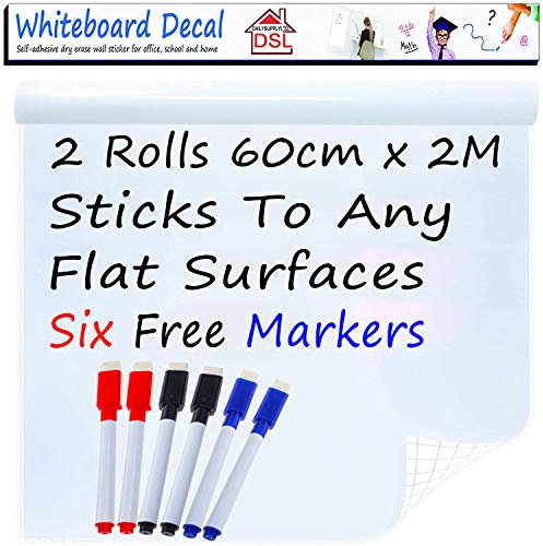 DSL 2 Rolls Thick DIY Whiteboard Sticker 200cm x 60cm Self Adhesive Chalkboard Paper 23.6 x 78.7 Dry Wipe Wall Sticker Wall Paper with 6 Free Eraser Markers for School/Office/Home/Bar…
