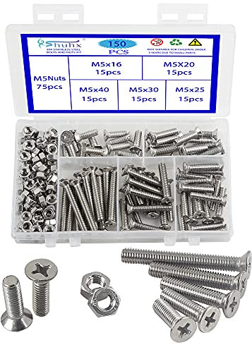 Rshuhx 150PCS M5 Vite e Dado Acciaio Inox 304 Vite a Testa Svasata Piana a Croce Filettatura Completa Bullone Meccanico Kit di Assemblaggio di Dispositivi di Fissaggio