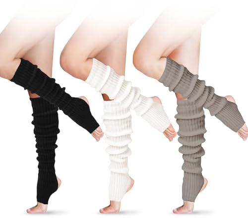 SATINIOR 3 Pairs Long Leg Warmers for Women 24 Inch over The Knee Knit Ribbed Leg Warmer Stirrup Yoga 80s Party Dance Ballet Supply (Black,White,Gray)
