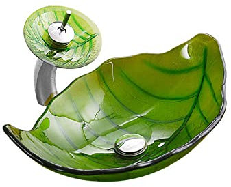 Ksunun Waschbecken Gehärtetes Glas Aufsatzwaschbecken Kunst Blattform Design Handwaschbecken mit Messing Wasserfall Wasserhahn und Wasserablauf, Waschschale für Bad,Grün