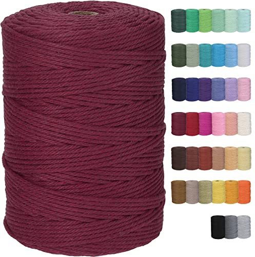 GOHOF Macrame Cord 3mm x 328yards Natural Macrame Cotton Rope Colored Macrame Rope Soft Cotton Cord Macrame Supplies Craft Rope Macrame Yarn for Plant Hanger Wall Hanger Dreamcatcher (Wine Red)