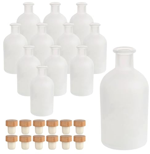 gouveo 12 unidades botellas de vidrio 250 ml (0,25 l) Botella tipo farmacia redonda blanco mate con corcho para rellenar, licor, aceite, vinagre y sirope (AFRF250HGK)