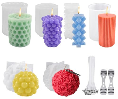 TQPXZO 6 Stück Kerzengießform Silikon, DIY Formen für Kerzen Gießen, Rosen, zylindrische Form, Kerzen Silikonformen Set für Die Herstellung Von Kerzen, Aromasteinen, Schokolade DIY Dekoration