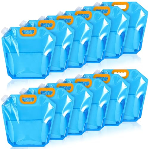 Tessco for you 12 Pack 1.3 Gallon Collapsible Water Storage Bag Water Container Emergency Jug Plastic Storage Pouch Freezable Carrier Tank Foldable Bottle for Outdoor Sport Camping (Blue)