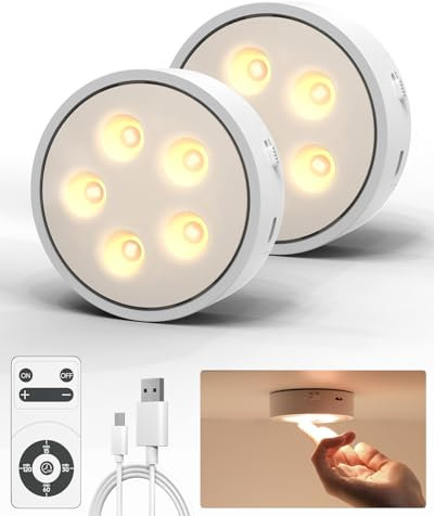 Pack de 2 Veilleuses LED Rechargeables USB avec Télécommande - Lampe pour Cuisine, Placard, Escalier - Spot Sans Fil à Lumière Chaude, Minuterie et Gradation