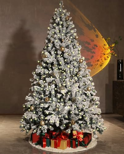 Asinse 7ft Pre-Lit Snow Flocked Christmas Tree - Premium Artificial Spruce Hinged Xmas Tree with 450 Multicolor LED Lights, White Heavy Snow Flocking,Easy to Assemble with Metal Stand (7ft/210cm)