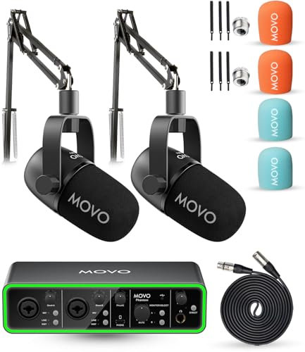 Movo Podcasting Equipment Bundle - Phantom USB Audio Interface, 2 CastMic XLR Dynamic Microphones, and 2 Boom Arms - Complete Studio Setup for Professional Podcasting and Streaming