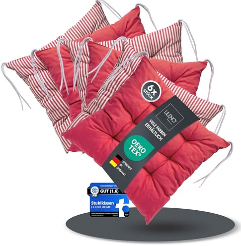 LILENO HOME 6er Set Wende Stuhlkissen Rot (40x40x6 cm) - Streifen Sitzkissen für Gartenstuhl, Küche oder Esszimmerstuhl - Indoor u. Outdoor Stuhlauflage als Stuhl Kissen (Linda FUM)