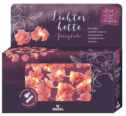 moses. Just One More Chapter - Guirnalda luminosa con 20 luces LED de color blanco cálido y flores rosas de tela, luz ambiental LED con conector USB-C y funciona con pilas