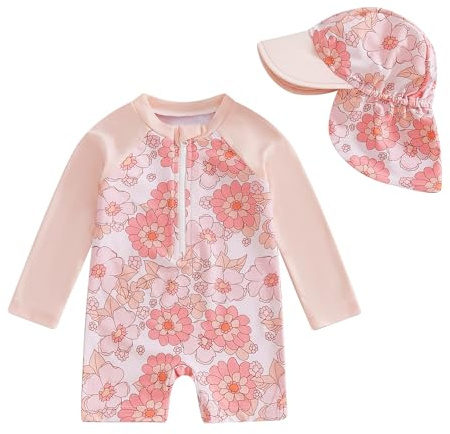 Toddler Baby Girl Swimsuit and Hat Zip Up Long Sleeve All in One Swimming Costume UV Sun Protection Swimwear One Piece Swimming Suit Rash Guard Sunsuit (Rose Floral Light Rose, 12_months-24_months)