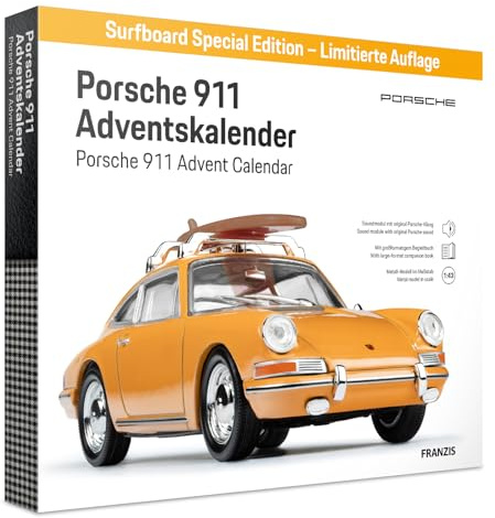 FRANZIS 67299 - Porsche 911 Sonderedition Surfbrett Adventskalender - Modellbausatz im Maßstab 1:43, inkl. Soundmodul und 52-seitigem Begleitbuch