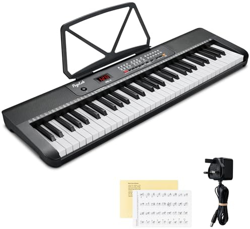 POGOLAB Kompakt tangentbordpiano, 61 tangenter med notstativ, strömförsörjning, anteckningsklistermärken, LED-skärm, elektroniskt tangentbord för nybörjare med 255 ljud, 3 undervisningslägen
