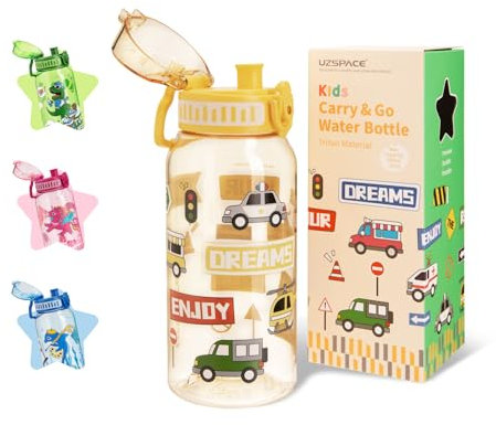 UZSPACE Gourde de sport en Tritan pour enfants - 600 ml - Sans BPA - Avec utilisation d'une seule main - Gourde anti-fuite avec poignée de transport - Pour enfants, garçons, filles, école, extérieur