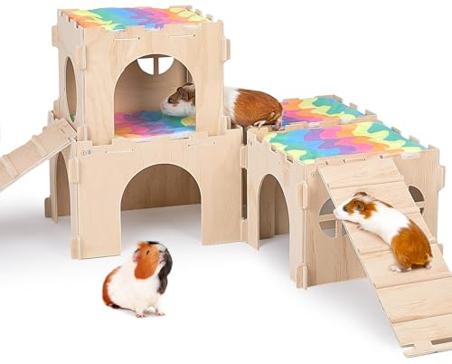 BeBeJoJo Casita de Madera para Cobayas, Casa Refugio para Pequeños Animales con Rampa y Varias Puertas