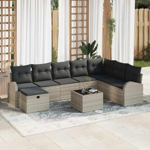 Teenpull Ensemble de canapé de jardin, 9 pièces, gris clair, 289 x 179 x 85 cm, en rotin synthétique résistant aux UV, groupe de sièges d'extérieur modulaire, pour patio et balcon