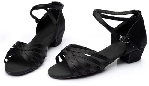LCpddajlspig Scarpe da Ballo Latino Americano Bambina/Donna Scarpette Danza Salsa Tango con Tacco Bambina Sandali Punta Aperta A Blocco Nere 34