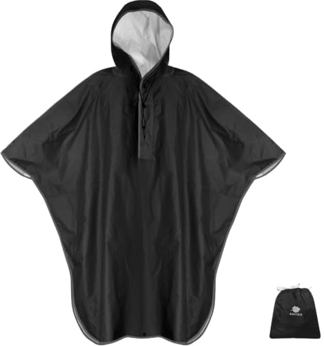 ANYOO Vattentät regnponcho för vuxna, vindtät, med unisex huva, svart, One size