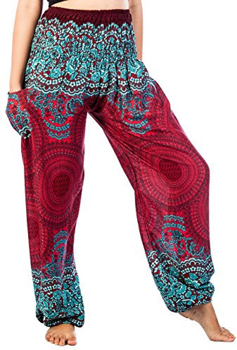 Lofbaz Damen Haremshose mit gesmoktem Bund Rose Burgund Size XL