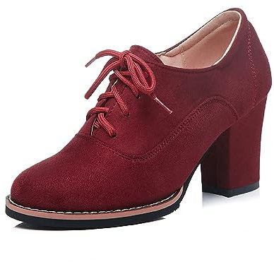 UMore Otoño Mujer Tacones Altos Vintage Gamuza con Cordones Zapatos de Negocios Elegantes Bombas de Punta Redonda Color sólido Oficina Carrera Zapatos Oxford