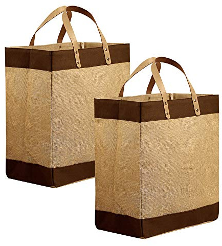 Preferred Nation Kona Jute Tote (Set of 2), Burlap with Leather Handles, Extra Wide for Grocery, Shopping, Beach, Outting Tote, Eco Friendly Brown