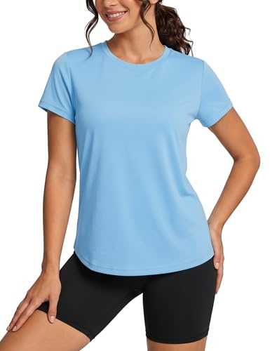 TACVASEN Damen Schwimmshirt UV Shirt Kurzarm Schnelltrocknend Atmungsaktiv Badeshirt Rashguard Sport Tshirt Fitness (Wasserblau, M)