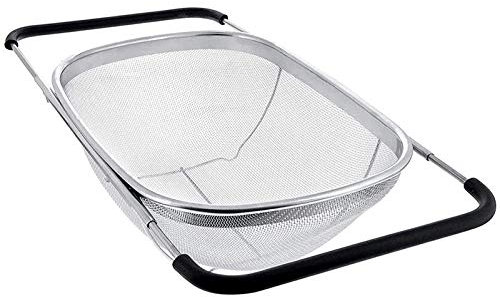 HOJKMA Over The Sink Colander, Stainless Steel Fine Mesh Expandable Oval Strainer Basket with Rubber Grip Handles 6 Quarts Colander for Kitchen Sink, Strain, Drain, Rinse Fruits, Vegetables, Black