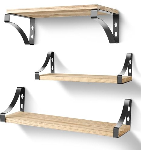 Solvant 3 Stück Wandregal Holz und Metall, Wandregale zur Aufbewahrung, Wall Shelf Depth 15 cm, Length 42/36/29 cm for Bathroom, Büro, Badezimmer oder Küche,Wandmontierte