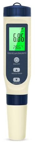 Pious Ph Metre, 5 en 1 PH/TDS/EC/Salinité/Thermomètre, Testeur ph à Écran LCD, Compensation Automatique de la Température, Ph Metre Electronique, Adapté à l'Eau Potable, Aquariums, Piscine