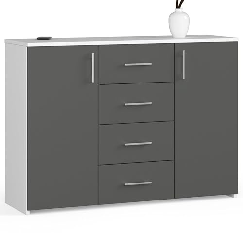 AKORD Kommode K45 110 cm | mit 2 Türen und 4 Schubladen | Schrank | für das Wohnzimmer | für das Schlafzimmer | B110 x H80 x T35 cm | Gewicht 48,00 kg | Weiß/Graphitgrau